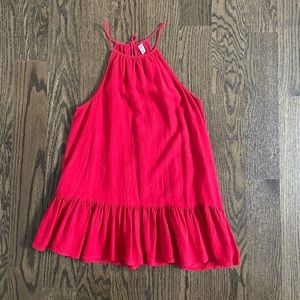Red Halter Tank Top with Ruffle Asymmetrical Hem